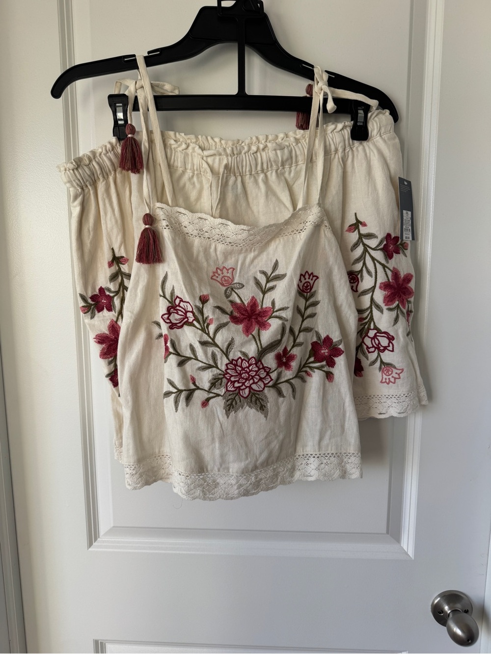 Embroidered Floral Ivory Tank Top and Short Set
